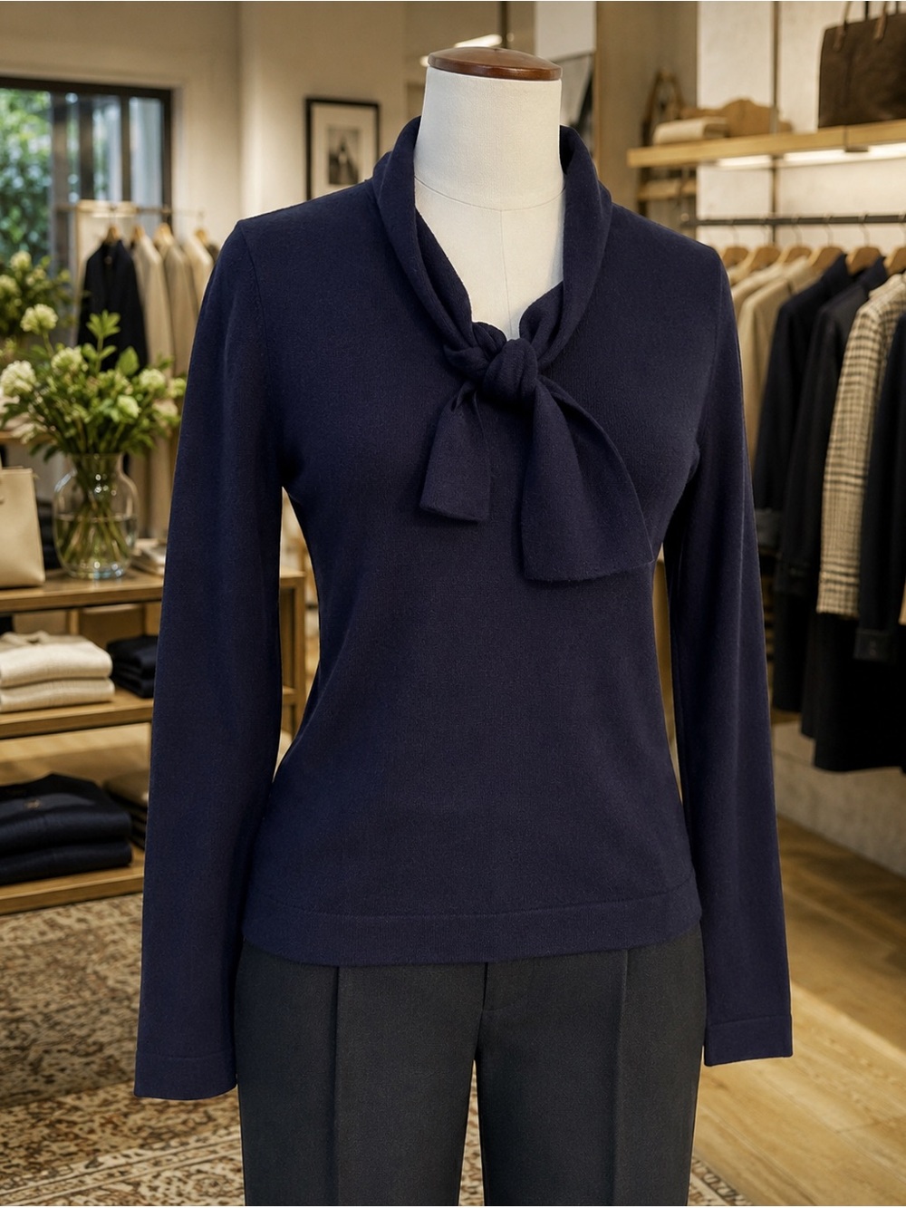 Boden Navy Wool Cashmere Blend Tie Neck Sweater Size US 8 UK 12 Bow Neck Knit